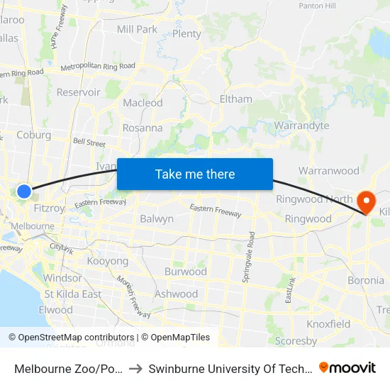 Melbourne Zoo/Poplar Rd to Swinburne University Of Technology - Croydon Campus map