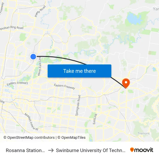 Rosanna Station/Turnham Ave to Swinburne University Of Technology - Croydon Campus map