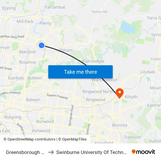 Greensborough Plaza/Main St to Swinburne University Of Technology - Croydon Campus map