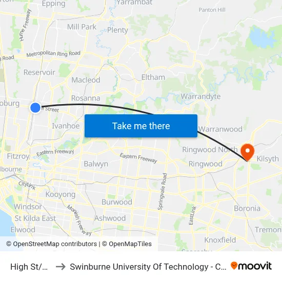 High St/Bell St to Swinburne University Of Technology - Croydon Campus map