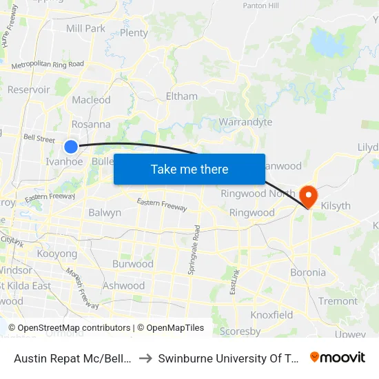 Austin Repat Mc/Bell St to Swinburne University Of Technology - Croydon Campus map