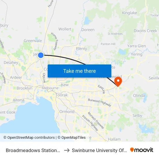 Broadmeadows Station/Railway Cres to Swinburne University Of Technology - Croydon Campus map