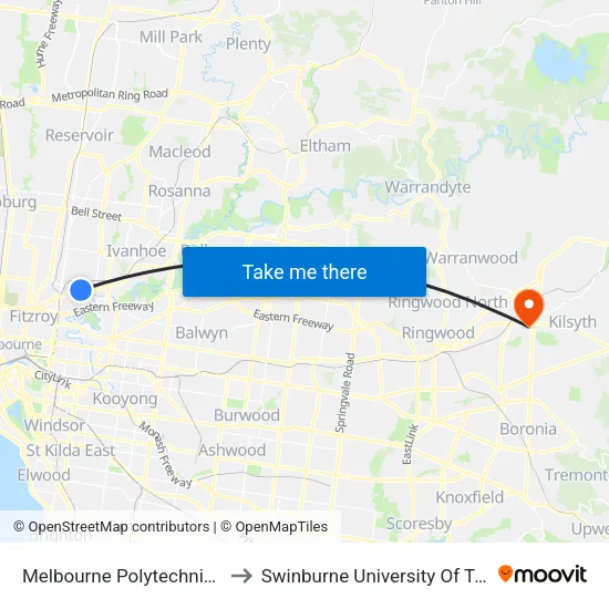 Melbourne Polytechnic/Heidelberg Rd to Swinburne University Of Technology - Croydon Campus map