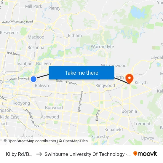 Kilby Rd/Burke Rd to Swinburne University Of Technology - Croydon Campus map