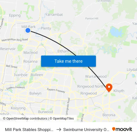 Mill Park Stables Shopping Centre/Redleap Ave to Swinburne University Of Technology - Croydon Campus map