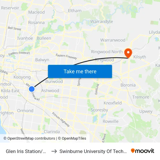 Glen Iris Station/Wills St to Swinburne University Of Technology - Croydon Campus map