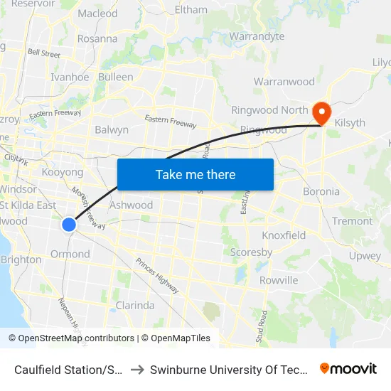 Caulfield Station/Sir John Monash Dr to Swinburne University Of Technology - Croydon Campus map