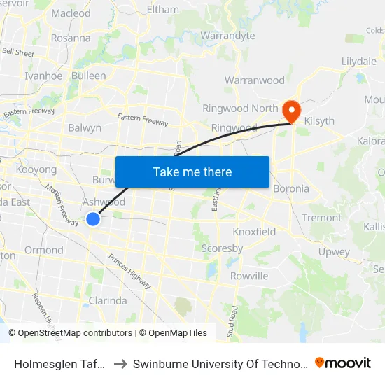 Holmesglen Tafe/Warrigal Rd to Swinburne University Of Technology - Croydon Campus map