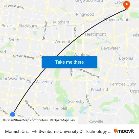 Monash University to Swinburne University Of Technology - Croydon Campus map