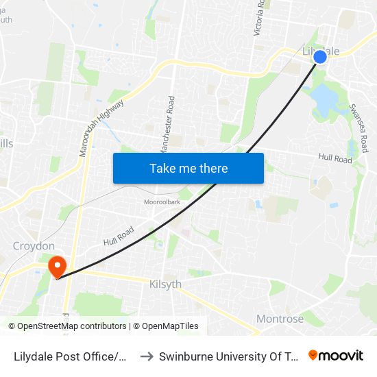 Lilydale Post Office/Maroondah Hwy (Lilydale) to Swinburne University Of Technology - Croydon Campus map