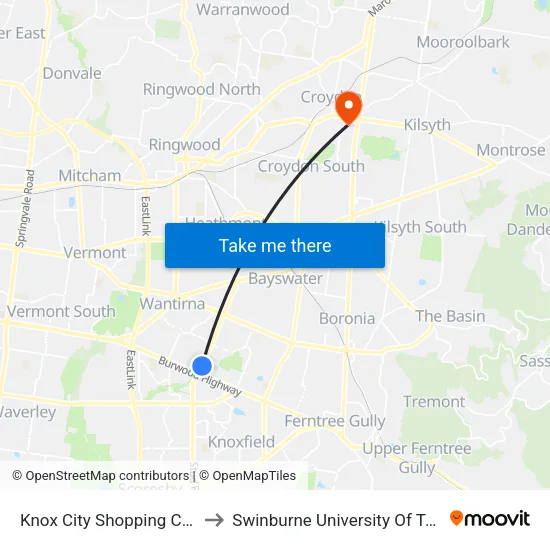 Knox City Shopping Centre/Stud Rd to Swinburne University Of Technology - Croydon Campus map