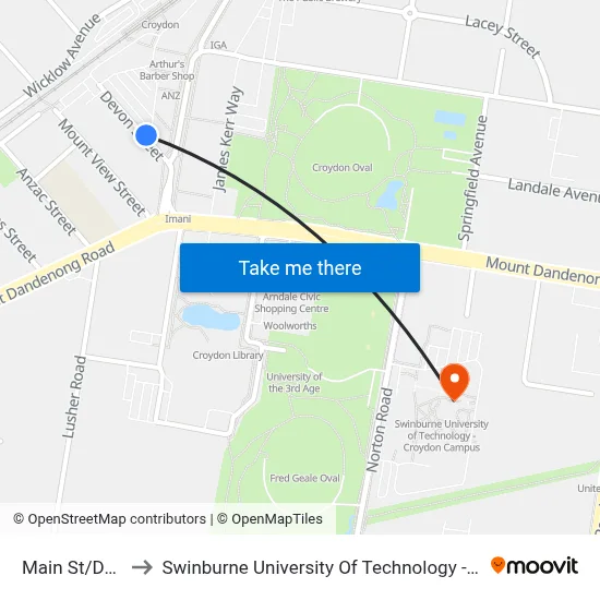 Main St/Devon St to Swinburne University Of Technology - Croydon Campus map