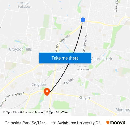 Chirnside Park Sc/Maroondah Hwy (Chirnside Park) to Swinburne University Of Technology - Croydon Campus map