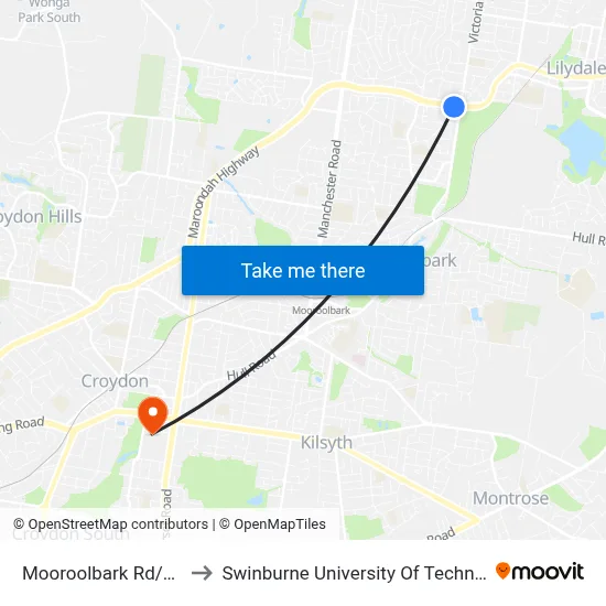 Mooroolbark Rd/Maroondah Hwy to Swinburne University Of Technology - Croydon Campus map