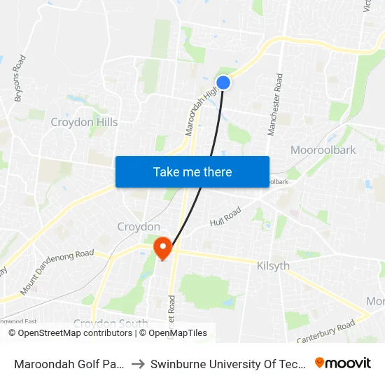 Maroondah Golf Park/Maroondah Hwy to Swinburne University Of Technology - Croydon Campus map