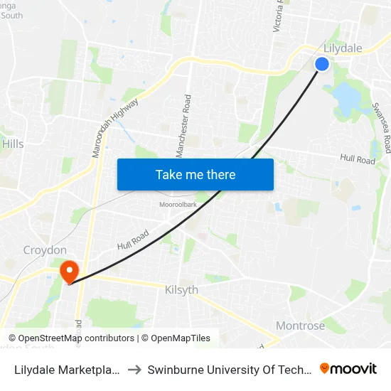 Lilydale Marketplace/Hutchinson St to Swinburne University Of Technology - Croydon Campus map