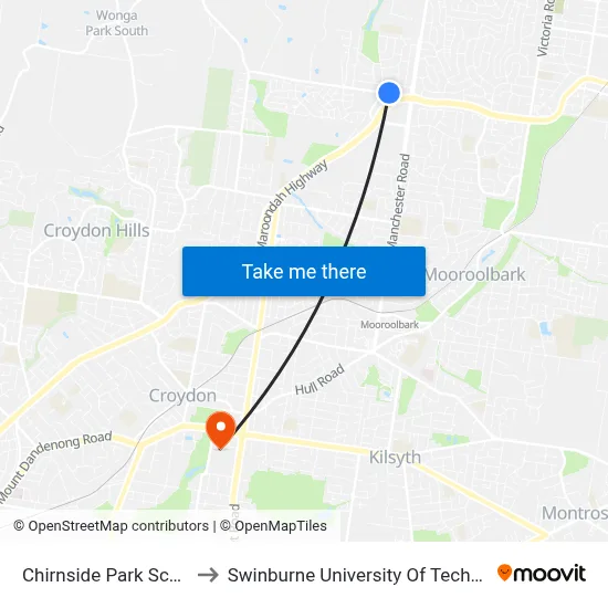 Chirnside Park Sc/Maroondah Hwy to Swinburne University Of Technology - Croydon Campus map