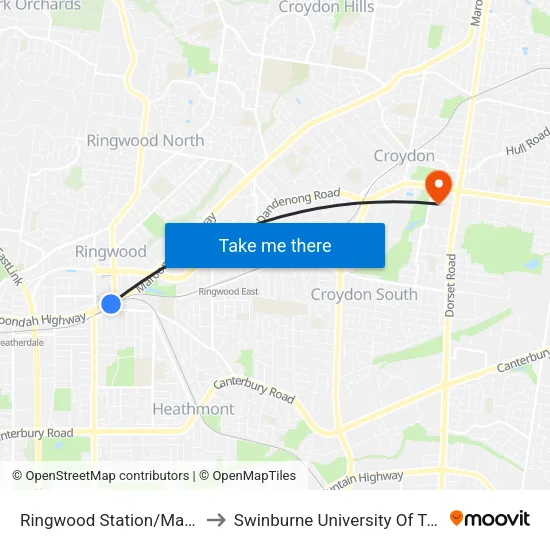 Ringwood Station/Maroondah Hwy to Swinburne University Of Technology - Croydon Campus map