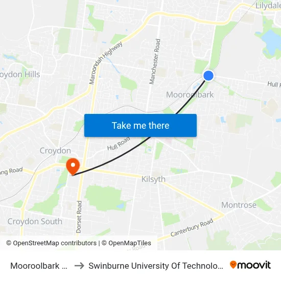 Mooroolbark Rd/Hull Rd to Swinburne University Of Technology - Croydon Campus map