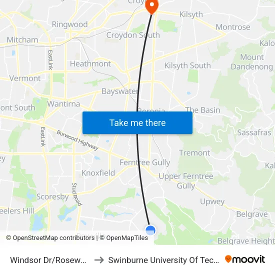 Windsor Dr/Rosewood Bvd to Swinburne University Of Technology - Croydon Campus map