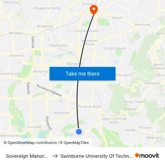 Sovereign Manors Cres/Karoo Rd to Swinburne University Of Technology - Croydon Campus map