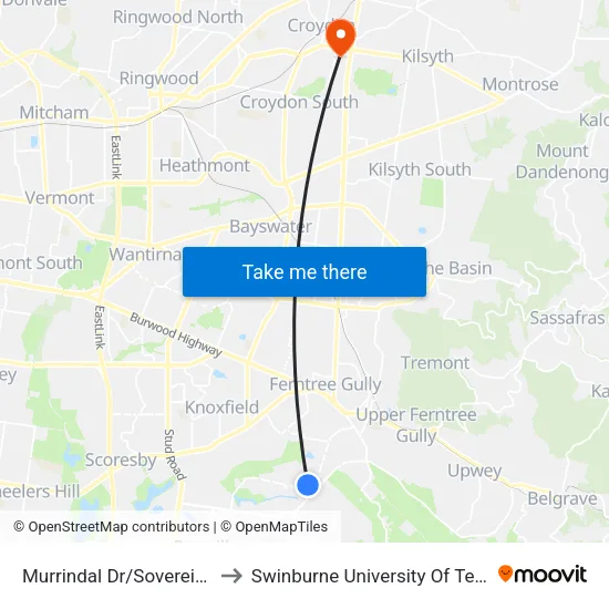Murrindal Dr/Sovereign Crest Bvd to Swinburne University Of Technology - Croydon Campus map