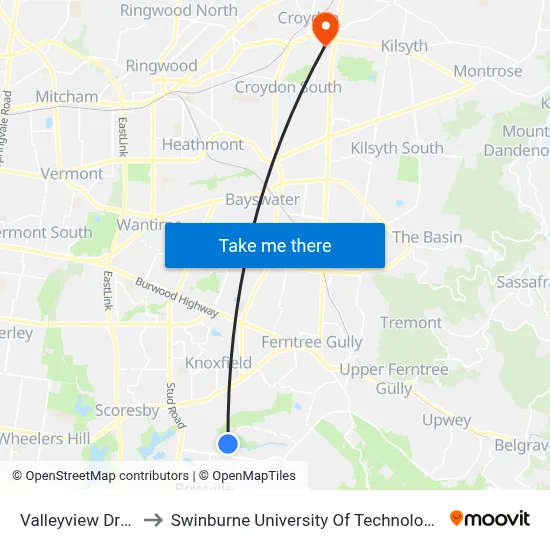 Valleyview Dr/Karoo Rd to Swinburne University Of Technology - Croydon Campus map