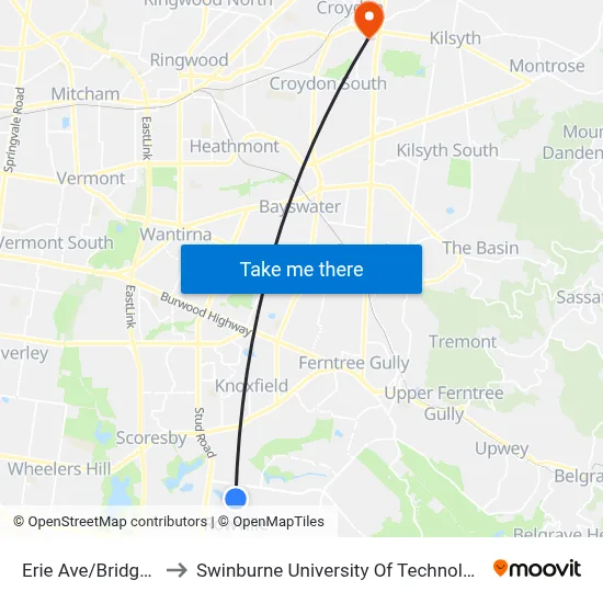 Erie Ave/Bridgewater Way to Swinburne University Of Technology - Croydon Campus map