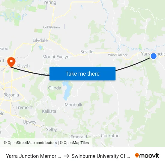 Yarra Junction Memorial Reserve/Warburton Hwy to Swinburne University Of Technology - Croydon Campus map