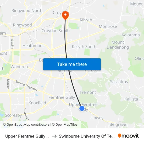Upper Ferntree Gully Station/Burwood Hwy to Swinburne University Of Technology - Croydon Campus map