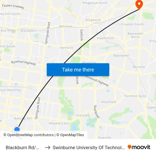 Blackburn Rd/Wellington Rd to Swinburne University Of Technology - Croydon Campus map