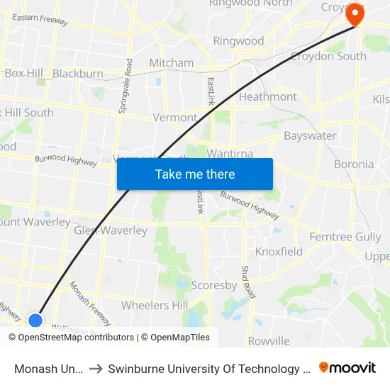 Monash University to Swinburne University Of Technology - Croydon Campus map