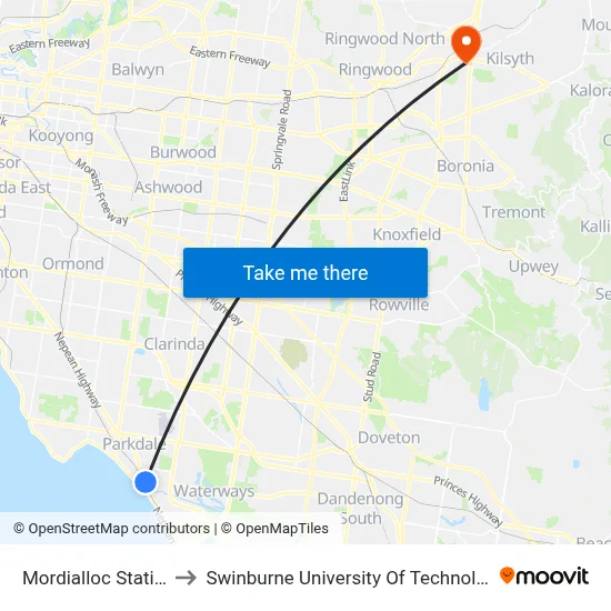 Mordialloc Station/Albert St to Swinburne University Of Technology - Croydon Campus map