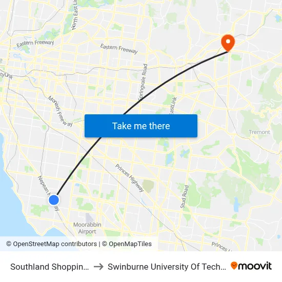 Southland Shopping Centre/Karen St to Swinburne University Of Technology - Croydon Campus map