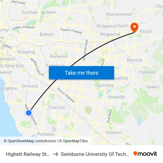 Highett Railway Station/Highett Rd to Swinburne University Of Technology - Croydon Campus map