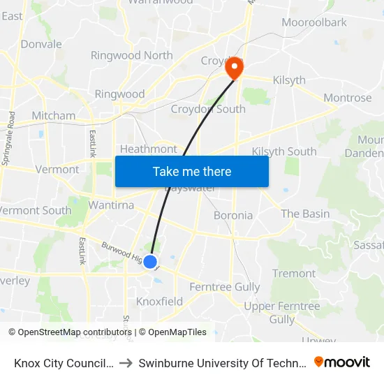 Knox City Council/Burwood Hwy to Swinburne University Of Technology - Croydon Campus map