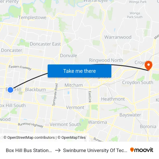 Box Hill Bus Station/Station St to Swinburne University Of Technology - Croydon Campus map