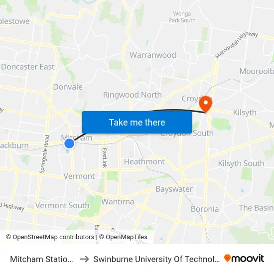Mitcham Station/Calcutta St to Swinburne University Of Technology - Croydon Campus map