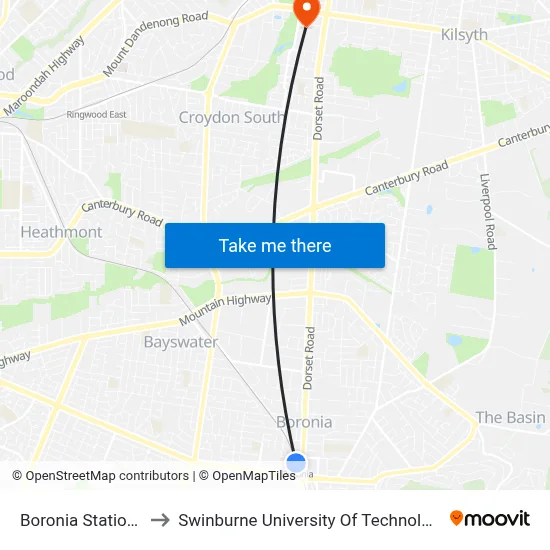Boronia Station/Erica Ave to Swinburne University Of Technology - Croydon Campus map
