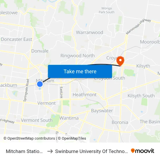 Mitcham Station/Colombo St to Swinburne University Of Technology - Croydon Campus map
