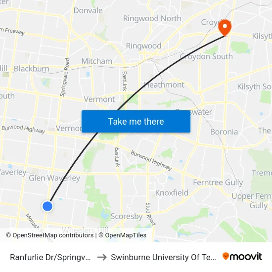Ranfurlie Dr/Springvale Rd to Swinburne University Of Technology - Croydon Campus map