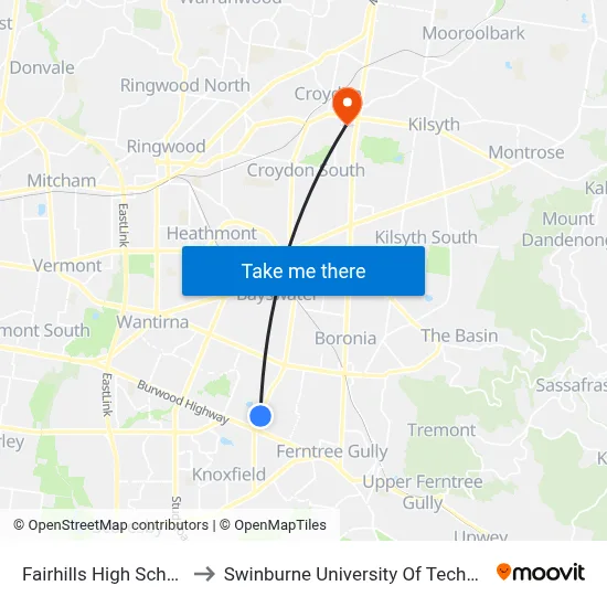Fairhills High School/Scoresby Rd to Swinburne University Of Technology - Croydon Campus map