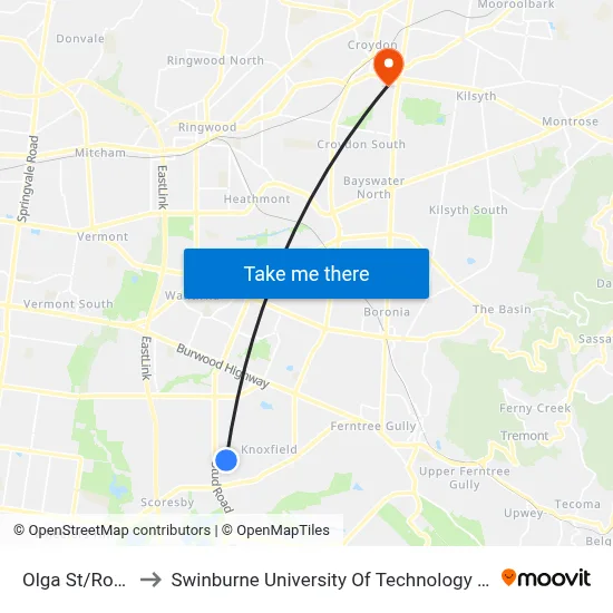 Olga St/Rosehill St to Swinburne University Of Technology - Croydon Campus map