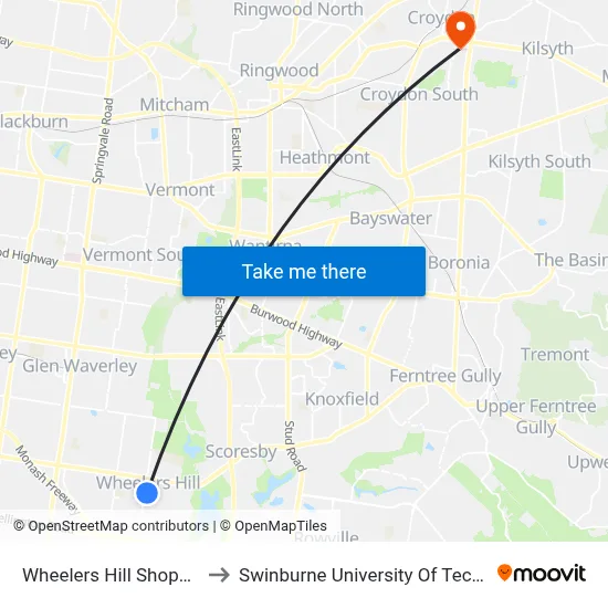 Wheelers Hill Shopping Centre/Jells Rd to Swinburne University Of Technology - Croydon Campus map