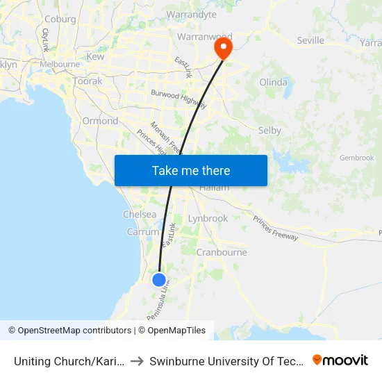 Uniting Church/Karingal Dr to Swinburne University Of Technology - Croydon Campus map