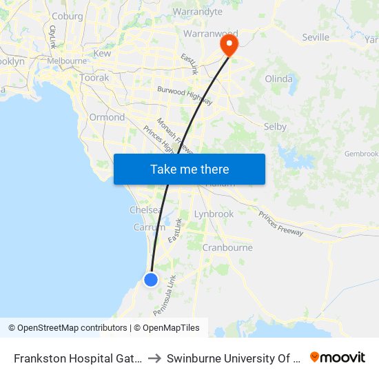 Frankston Hospital Gate 1/Hastings Rd (Frankston) to Swinburne University Of Technology - Croydon Campus map