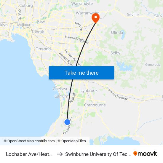 Lochaber Ave/Heatherhill Rd (Frankston) to Swinburne University Of Technology - Croydon Campus map