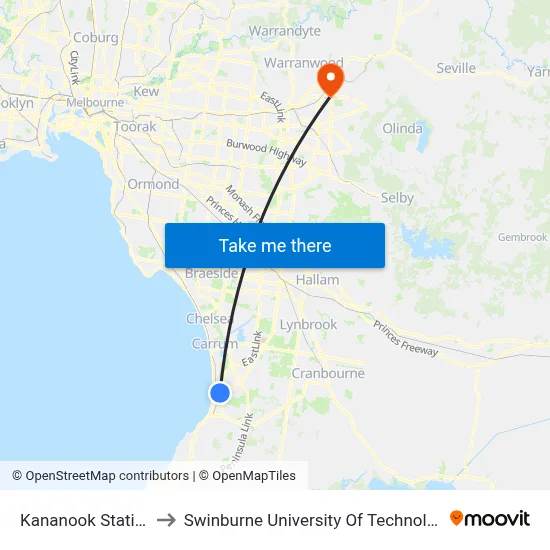 Kananook Station/Wells Rd to Swinburne University Of Technology - Croydon Campus map