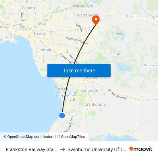 Frankston Railway Station/Young St to Swinburne University Of Technology - Croydon Campus map