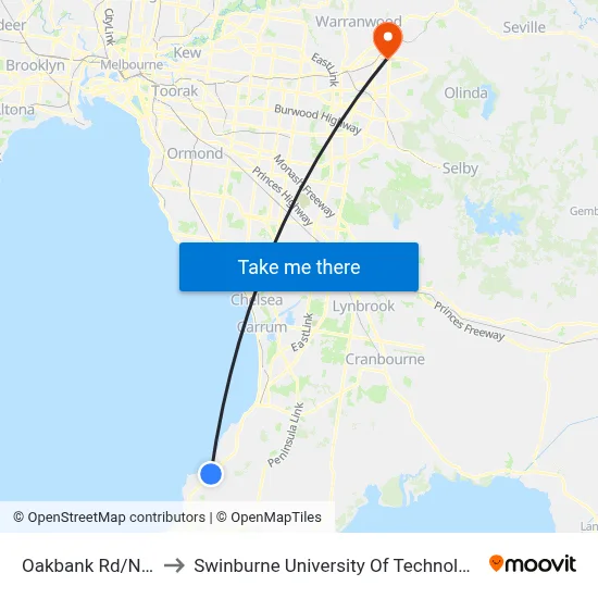 Oakbank Rd/Nepean Hwy to Swinburne University Of Technology - Croydon Campus map